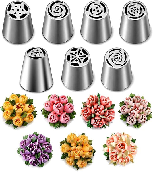 7 Pcs Large Russian Piping Tips Set, Seamless Stainless Steel Flower Frosting Nozzles, One-Press Cake Decorating Tips for Buttercream, Cupcakes, Cookies – Complete Flower Shape Kit