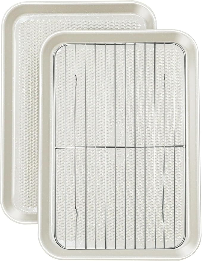 2-Pack 10x15 Jelly Roll Pan Baking Sheet Set with Wire Rack - Nonstick 0.8mm Thick Carbon Steel, Cookie Sheets for Baking, Dishwasher Safe, Warp Resistant, Oven Safe 450°F, Salted Gray