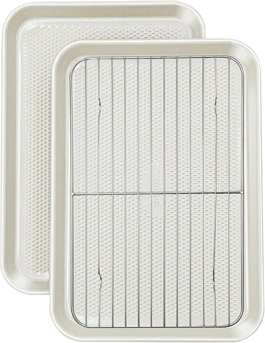 2-Pack 10x15 Jelly Roll Pan Baking Sheet Set with Wire Rack - Nonstick 0.8mm Thick Carbon Steel, Cookie Sheets for Baking, Dishwasher Safe, Warp Resistant, Oven Safe 450°F, Salted Gray