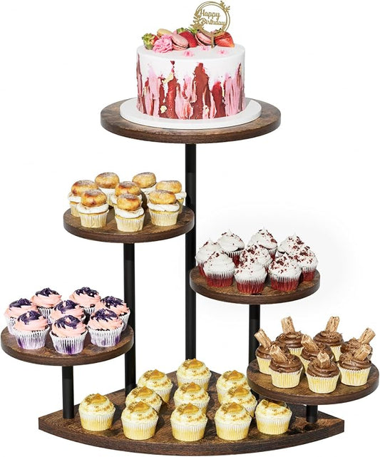 Cake Stand for Cupcake Dessert Display - 6 Tiered Corner Tray Dessert Table Stand, Cupcake Tower for 102 Cupcakes, Wood Cake and Cup Cake Stand Combo Serving Trays for Party Wedding Birthday
