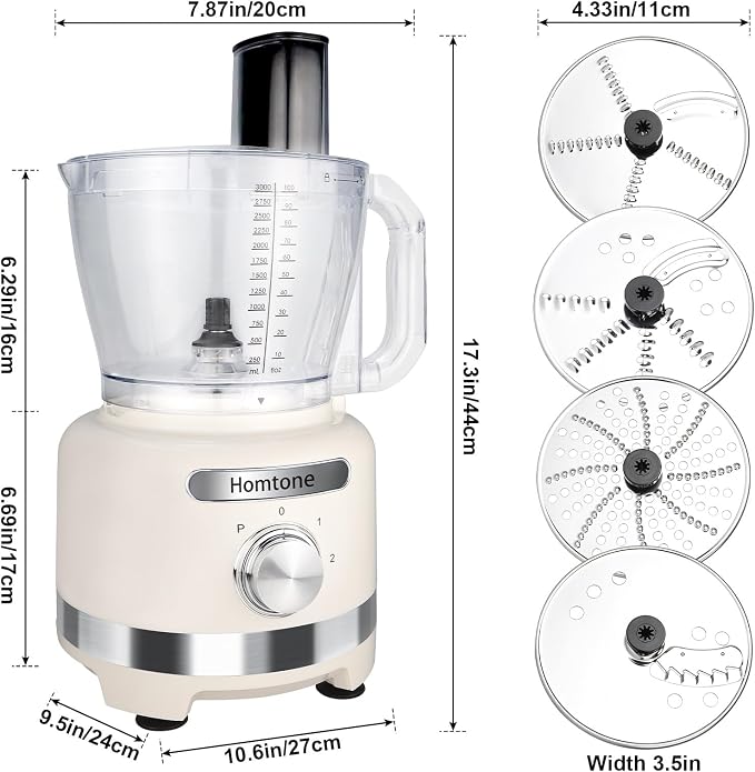 Homtone 16 Cup Food Processor Large, 9-in-1 Vegetable Chopper with 7 Blades for Shredding, Slicing, French Fry Cutting, Meat Grinding, Dough Kneading, 3 Speeds, Dishwasher Safe