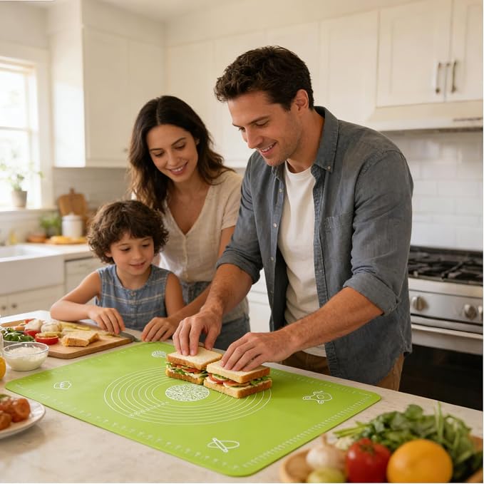 Silicone Baking Mat with Measurements, Non-Slip Non Stick Pastry Mat Sheetfor for Dough,Pastry, Bread, Cookies, Pizza, Fondant, Pasta (Green, 27.6"L x 19.7"W)
