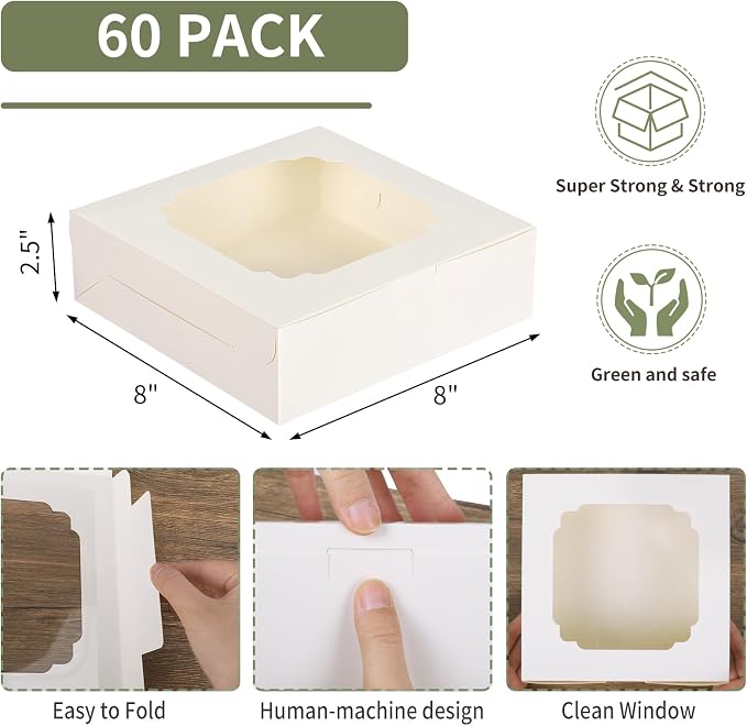 TOMNK 60pcs Cookie Boxes, 8x8x2.5 Inches Bakery Boxes with 2 Style Windows for Chocolate Strawberries, Pie, Pastry, Dessert, Cake, Birthday Party, Mother's Day, Weddings
