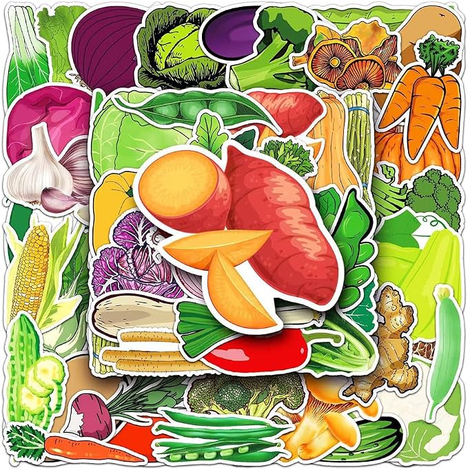 Vegetables Stickers |50Pcs Vegetables Waterproof Vinyl Decals | Removable Resuable Sun-proof Peel and Stick for Water Bottles Laptop Luggage Cup Computer Mobile Phone Skateboard Decoration