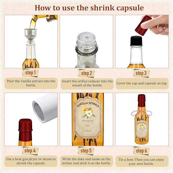 16 Pack 5 oz Glass Vanilla Extract Bottles with Lids, Labels, Shrink Bands & Funnel – Ideal for Syrup, Essential Oils, and Homemade Extract Gifting