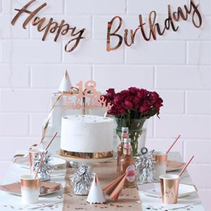 1 PCS 18 & Fabulous Cake Topper Glitter Eighteen and Fabulous Cake Toppers Happy 18th Birthday Cake Pick for 18th Wedding Anniversary Birthday Party Cake Decorations Supplies Rose Gold