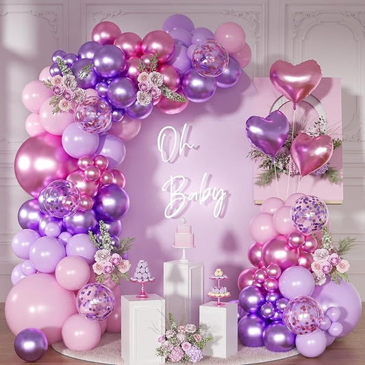 Pink Purple Balloon Garland Arch Kit,126Pcs Metallic Purple Rose Red Confetti Balloons with Heart Foil Balloon for Women Birthday Bridal Baby Shower Wedding Party Decoration
