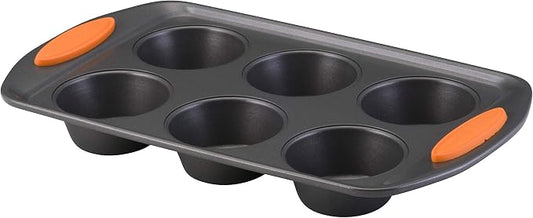 Rachael Ray Yum-o! Nonstick Bakeware Oven Lovin' Cups Muffin Pan 6-Cup, Gray with Orange Handles
