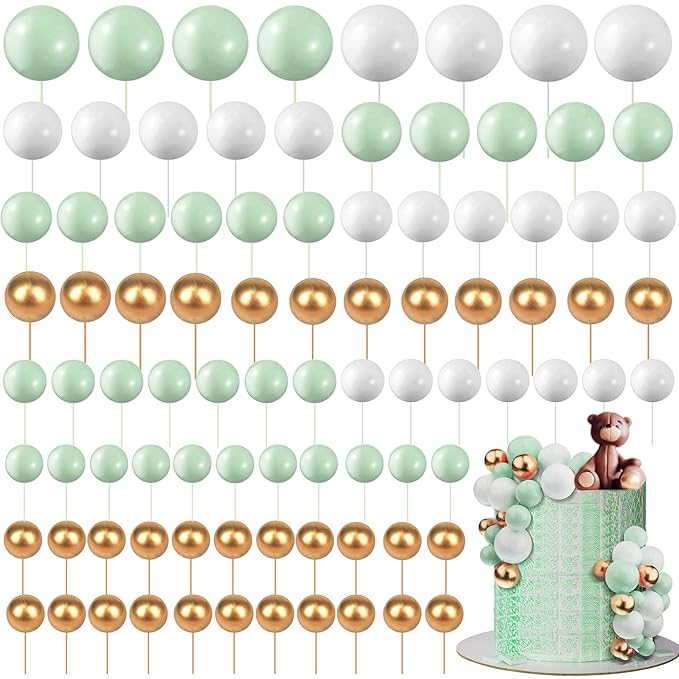 108 Pcs Balls Cake Topper DIY Cupcake Insert Foam Balloons for Cake Baking Wedding Anniversary Birthday Decoration(White, Green, Gold,Multi Sizes)