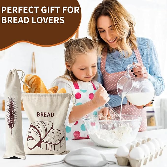 4-Pack Reusable Bread Bags for Homemade Storage, 2-Size Drawstring Pouches (5.9x25.6 & 11.8x15.7 Inch) - Washable Fabric with Secure Closure, Ideal for Sourdough, Artisan Loaves & Gift Packaging