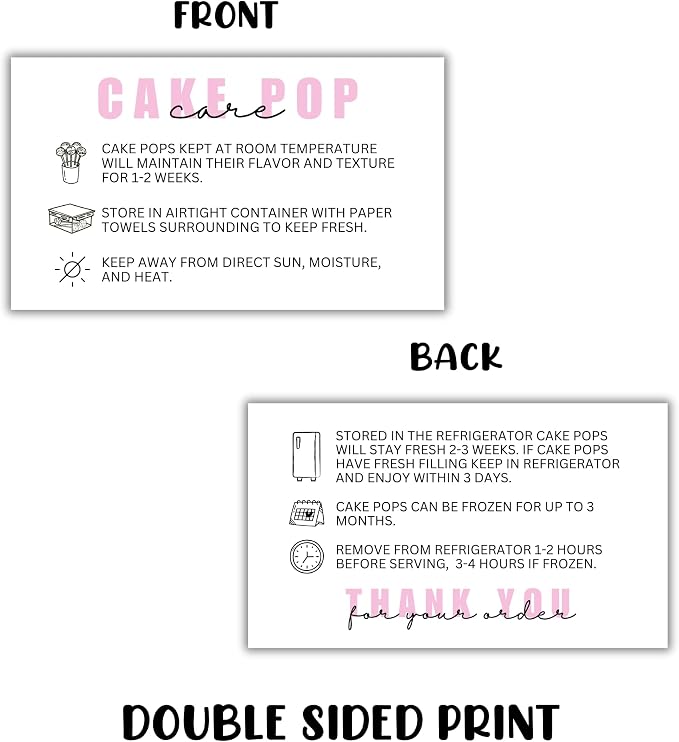 Cake Pop Care Instruction Cards | 50 pk 2x3.5” Client Storage Template Packaging DIY Cookie Cupcake Dipped Strawberry Baker Sweets Label