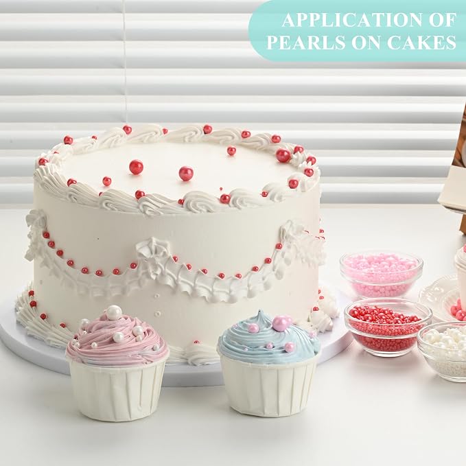 Homankit Edible Pearl Sprinkles for Baking, Red Pink and White Sugar Pearls Cake Decorations for Cupcake Toppers Cookie Decorating Birthday Party Wedding Valentines Christmas Supplies