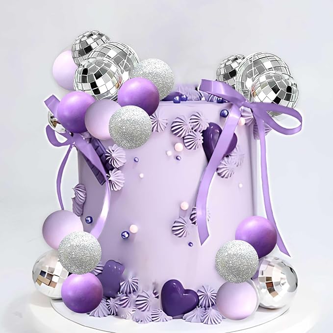 37Pcs Purple Disco Ball Cake Topper Purple Cool Girl Birthday Party Decorations Bows Butterfly Cake Decorations Singer Disco Bachelorette Party Supplies