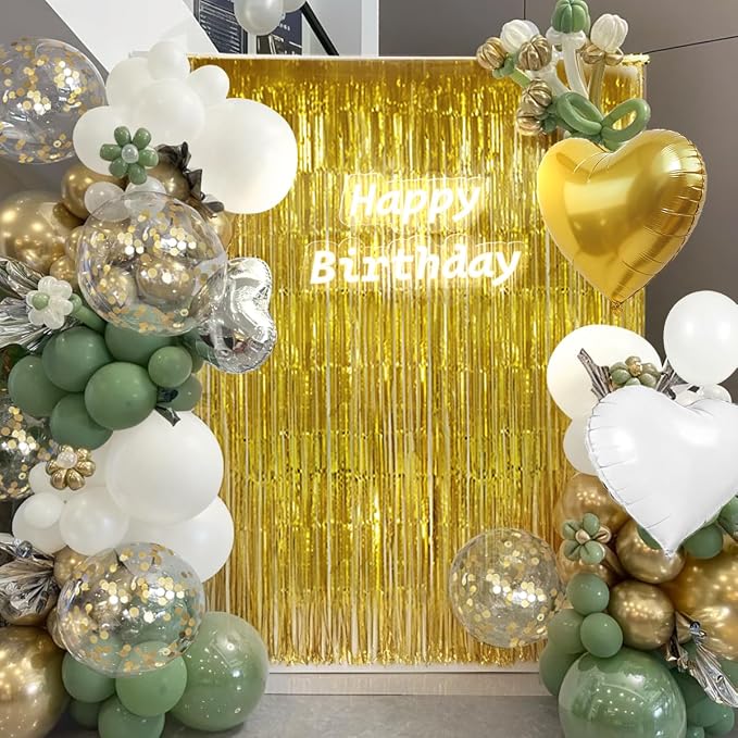 157PCS Sage Green White Gold Balloons Garland Arch Kit with Gold Fringe Curtain for Birthday Baby Shower Gender Reveal Bridal Shower Weddings Graduation Party Decorations