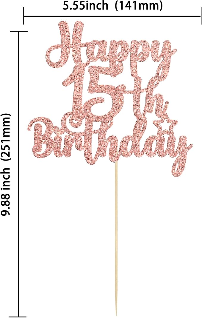 Gyufise 1Pc Happy 15th Birthday Cake Topper Glitter 15 & Fabulous Cheers to 15 Years Old Cake Pick for Celebrating 15th Birthday Anniversary Party Cake Decorations Supplies Rose Gold