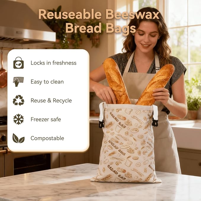 Bread Bag for Homemade Bread - 2 Packs XL Reusable Organic Beeswax Natural Cotton Sourdough Bag, Homesteading Essentials Sourdough Bags with Sealing Zip to Keep Fresh(13×17 Inches)