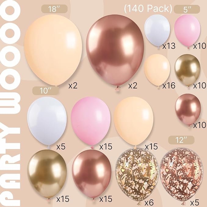 PartyWoo Nude and Gold Balloon Arch Kit 140pcs Different Sizes of 18 12 10 5 Inch Metallic Gold White Pink Rose Gold Confetti Balloons for Wedding Engagement Princess Girl Birthday Party Decorations