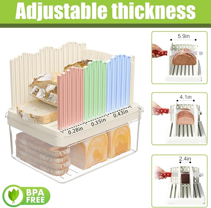 Sorgion 2-in-1 bread slicer and storage box with handle - plastic bread boxes for fresh keeping food storage containers with lids airtight for cake buns，Beige