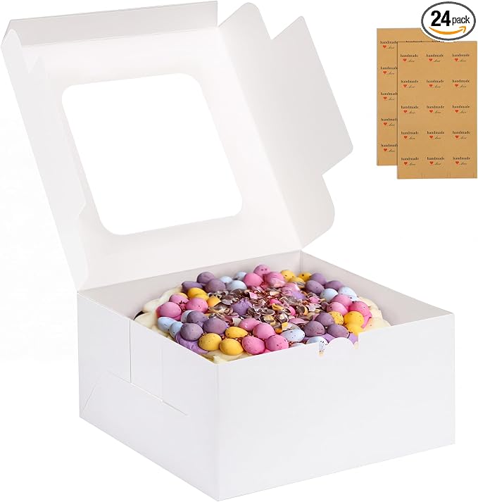 Moretoes 24pcs Cake Boxes, 10x10x5 Inches White Square Bakery Boxes with Window Cajas Pasteles for Cake, Mother's Day, Pastries, Chocolates, Cookies, Pie, Birthday Party, Wedding, Graduation