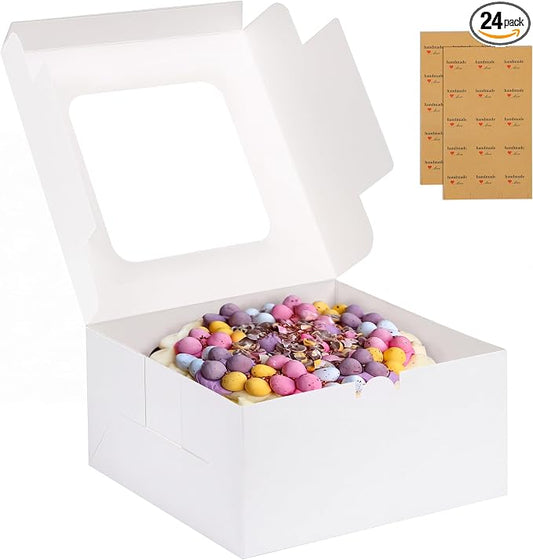 Moretoes 24pcs Cake Boxes, 10x10x5 Inches White Square Bakery Boxes with Window Cajas Pasteles for Cake, Mother's Day, Pastries, Chocolates, Cookies, Pie, Birthday Party, Wedding, Graduation