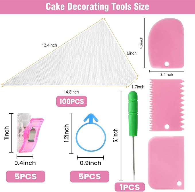 firstake Piping Bags Disposable 14 Inch - 100pcs Piping Bags Set, Anti-Burst Pastry Bags, Frosting Bags, Cake Decorating Bags with 5 Icing Bags Ties, 5 Clips, 3 Cake Scraper, 1 Scriber Needle
