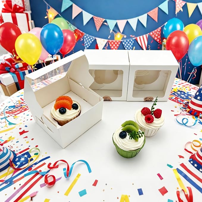 Jotique Cupcake Boxes with Window, 6 Sets 4.5x4.5x3 Inch White Paper Bakery Boxes for Single Cupcake, Cookies and Muffins, Sturdy Disposable Treat Boxes for Individual Pastry, Baked Goods, Gift Giving