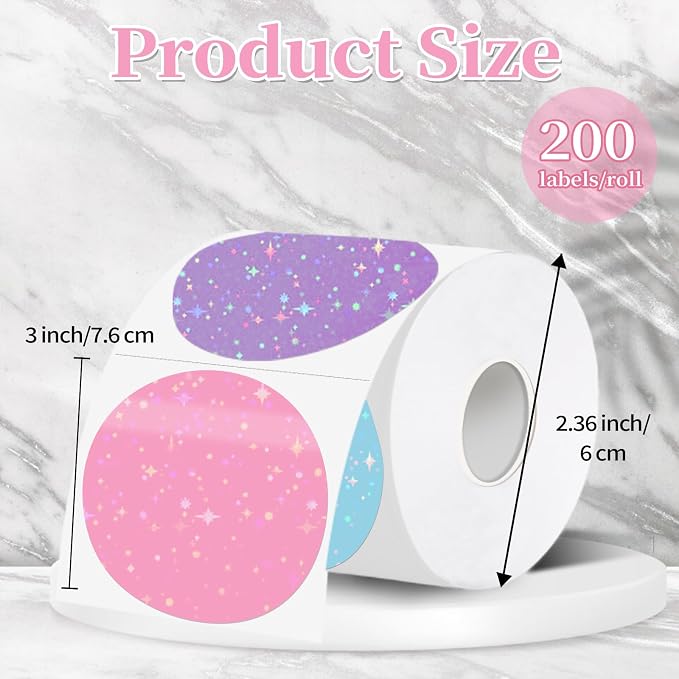 3''Holographic Thermal Label,Round Self-Adhesive Direct Thermal Label,for DIY Logo Design,Name Tag (200/Roll Multicolor)