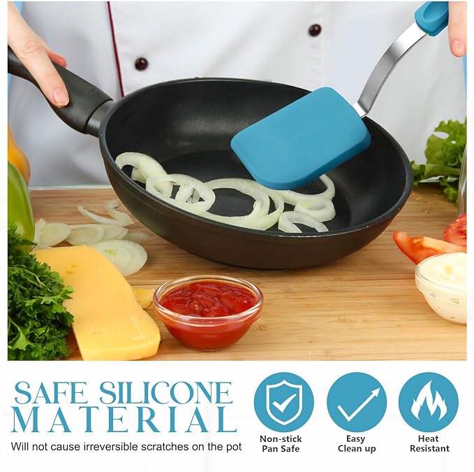 Silicone Cookie Spatula Turner 2 Pack Mini Brownie Spatula Flexible Kitchen Small Silicone Turner for Nonstick Cookware Heat Resistant No Scratch Flipper for Pancake(Solid Flat,Light Blue)