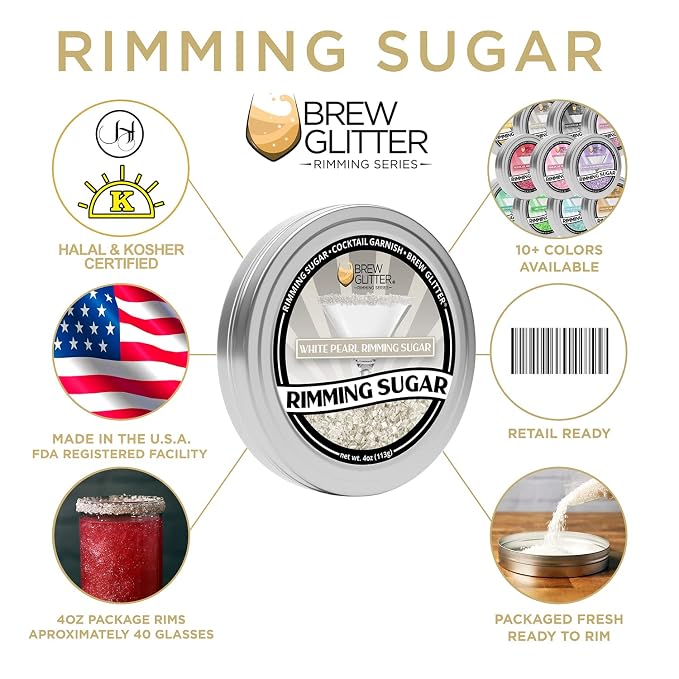 Brew Glitter - White Pearl Rimming Sugar (1LB, 1x Resealable Bag) Cocktail Garnish for Mixed Drinks & Refreshments