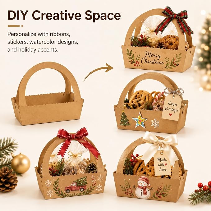 RAINFLOW 13 Kraft Gift Boxes with Handle - Brown Basket for Snacks | Brown Boxes With Handles For Cookies, Donuts, Pastries, DIY and Party Gifting, Christmas, Wedding, Birthday, Anniversary
