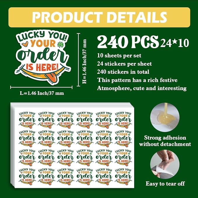 240 PCS St. Patrick's Day Business Packaging Stickers,Your Order is Here Lucky Sticker for Envelopes Shipping Boxes Product Packaging