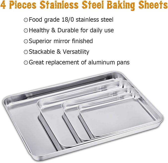 TeamFar Baking Sheet Set of 4, 16/12.5/10/9.3 Inch Stainless Steel Baking Pan Tray Cookie Sheet, Non Toxic & Healthy, Rust Free & Easy Clean - Dishwasher Safe
