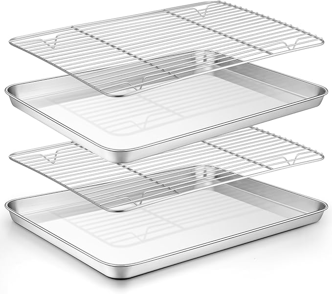 TeamFar Baking Sheet with Rack Set (2 Pans + 2 Racks), 16 x 12 x 1 Inch, Stainless Steel Baking Pan Cookie Sheet with Cooling Rack for baking, Non Toxic & Healthy, Easy Clean & Dishwasher Safe