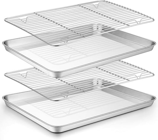 TeamFar Baking Sheet with Rack Set (2 Pans + 2 Racks), 16 x 12 x 1 Inch, Stainless Steel Baking Pan Cookie Sheet with Cooling Rack for baking, Non Toxic & Healthy, Easy Clean & Dishwasher Safe