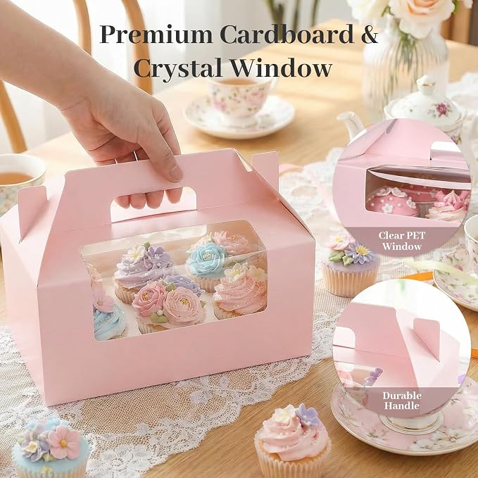 VGOODALL 8 Sets Pink 6-Count Cupcake Boxes with Handles and Inserts, 9.3 x 6 x 3.5 Inch Large Pastry Containers with Windows for Wedding, Birthday, Bakery Supplies, Professional Party Gift Boxes