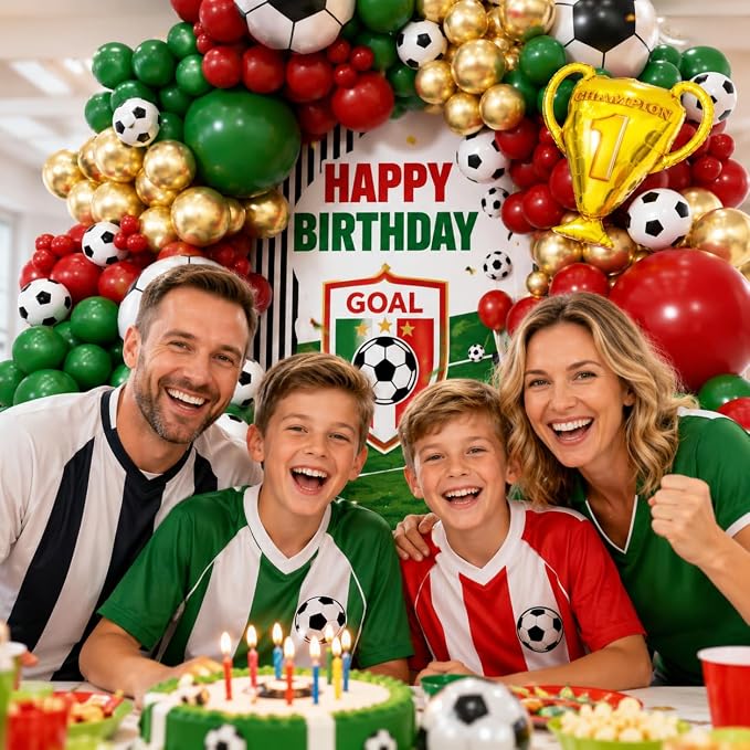 Soccer Party Decorations 160Pcs, World Soccer Balloon Garland Arch Kit with 18'' Football Foil Balloons, Green and Red Football Print Balloons for Boys Sports Fan Birthday Soccer Party Decor