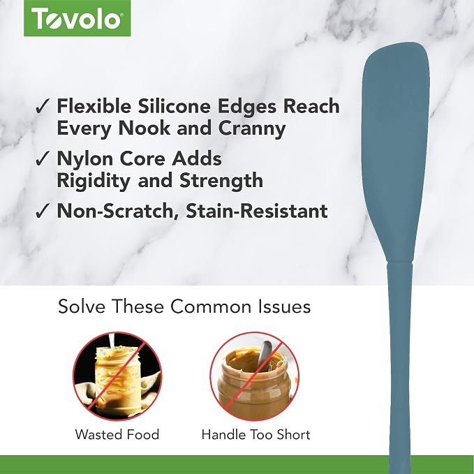 Tovolo Silicone Jar Spatula Long Handled Rubber Scraping Scooping Tool for Peanut Butter Jam Jelly Jars Blenders, Extra Long Flex Core Silicone Jar Scraper Dishwasher Safe BPA Free, Blue Slate
