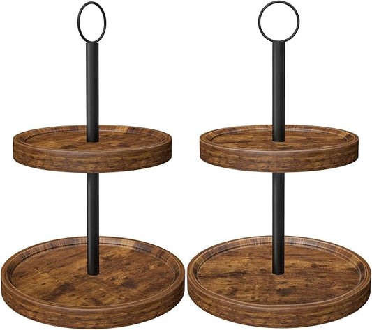 Tiered Tray Stand, Rustic Two Tier Decorative Tray with Metal Handle, Farmhouse 2 Tier Serving Tray, Round Cake Cupcake Stand for Coffee Bar Home Party Decor Holiday Housewarming Gifts(2-Pack)