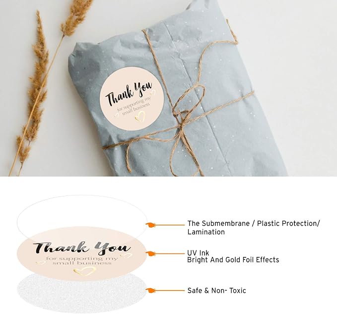 easykart labels 400 Thank You for Supporting My Small Business Sticker Labels | Pastel Peach Color with Gold Foil Hearts | 1.5" Round in Roll | Highly Recommended for Small Business Owners
