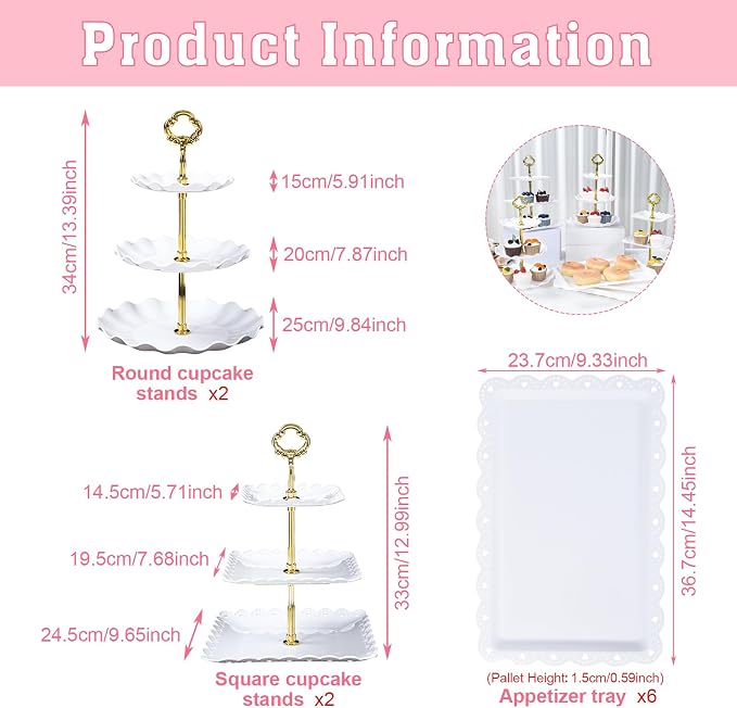 Dessert Table Display Set,10Pcs Cake Stand,4 Pcs 3 Tiered Cupcake Stands and 6 Pcs Dessert Trays Serving Trays for Party Baby Shower Wedding Tea Party Decorations