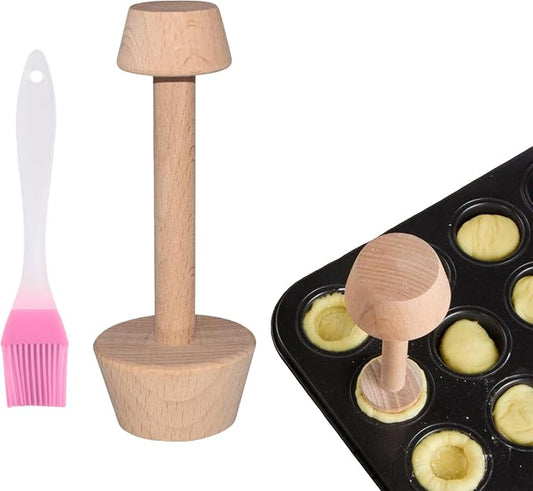 2Pcs Wooden Tart Tamper Set,Double Sided Pie Pastry Dough Tamper with Pastry Brush,Wooden Molds Egg Tarts Tamper Pastry Tools for Mini Muffin Tins,Tart Pans
