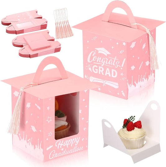 Outus 30 Pcs Graduation Cupcake Boxes Graduation Gift Box Congrats Grad Cupcake Container Candy Boxes with Window and Tassel for 2026 College High School Grad Party(Pink)