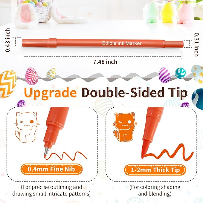 Food Coloring Pens - 12PCS Double Sided Edible Markers with Fine & Thick Tips, Food Grade Gourmet Writer Pens for Fondant, Cakes, Cookies, Frosting, Easter Eggs & Macaron Decorating