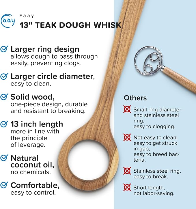 FAAY 13" Dough Whisk, 100% Healthy Teak Kitchen Utensils for Bread Mixing, Sourdough, Batter Preparation, Baking, and Cooking Tools