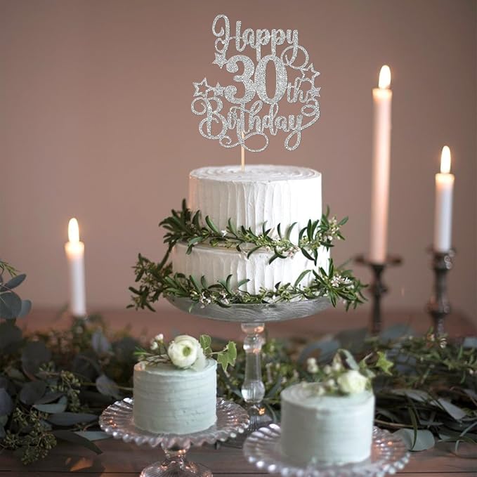 1 PCS Happy 30th Birthday Cake Topper Glitter Cheers to 30 Years Birthday Cake Pick Hello 30 Fabulous Cake Decoration for Happy 30th Birthday Anniversary Party Decorations Supplies Silver