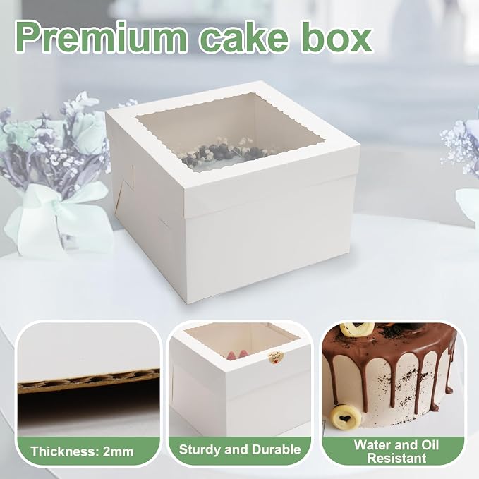 6 Pack Cake Boxes, 10x10x8 Inches Tall Cake Box with Cake Boards, White Bakery Boxes with Large Window, Disposable Cakes Transport Containers with Lids, for Cookies, Pies, Wedding, Birthday