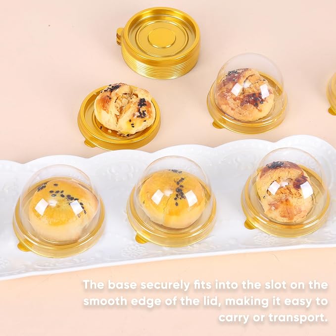 50 Pcs Mini Cake Containers with Clear Dome Lids, Clear Plastic Small Desserts Cupcake Boxes for Individual Chocolate Covered Cookies, Strawberry, Mooncake，Cheesecake, Cocoa Bomb (Gold)