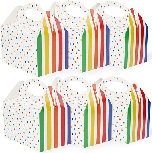 Happyhiram 25 Pcs Favor Boxes for Kids Birthday Box, Polka Dot and Striped Colorful Goodie Treat Boxes with Handles 6" Gable Candy Boxes Paper Gift Boxes for Kids Party Decorations and Supplies