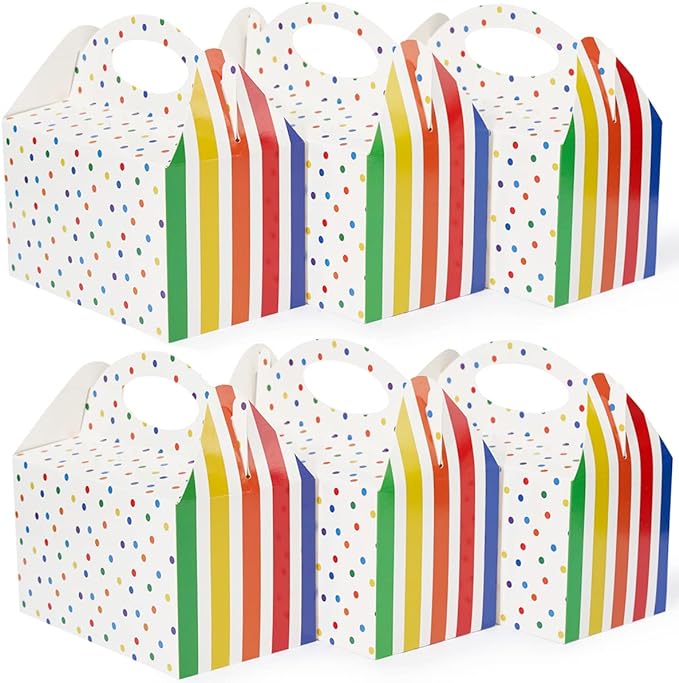 P6RB12 Happyhiram Favor Boxes 12 Pcs for Kids Birthday Box, Polka Dot and Striped Birthday Goodie Treat Boxes with Handles 6" Gable Boxes Colorful Candy Boxes Party Favor Paper Gift Boxes