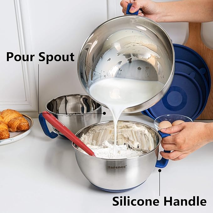 Rorence Mixing Bowls Set: Stainless Steel Non-Slip Bowls with Pour Spout, Handle and Lid - Set of 3 - Blue